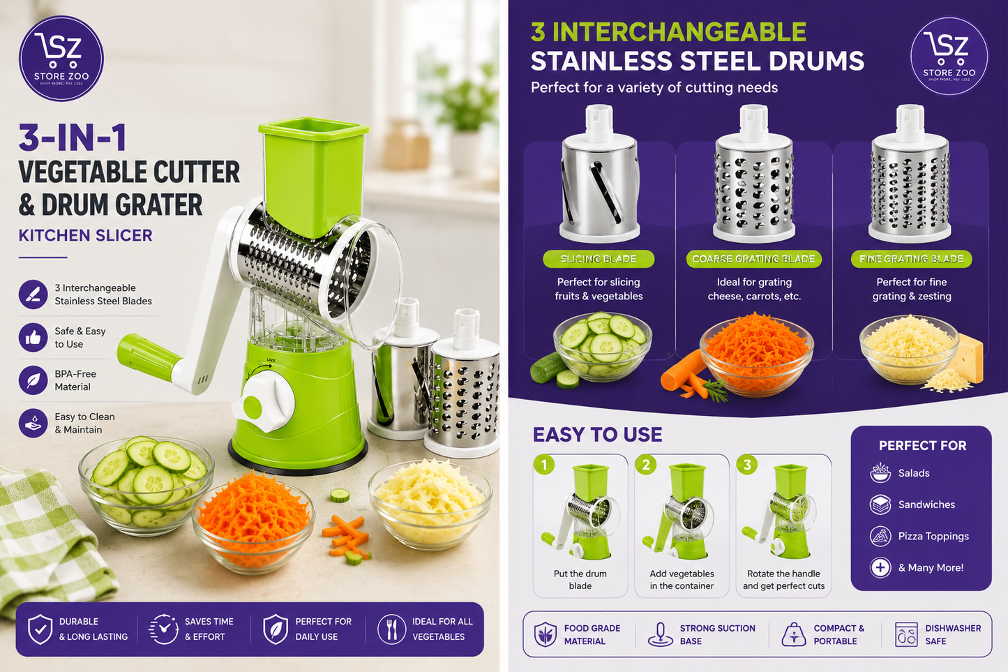3-in-1 Vegetable Cutter & Drum Grater | Kitchen Slicer