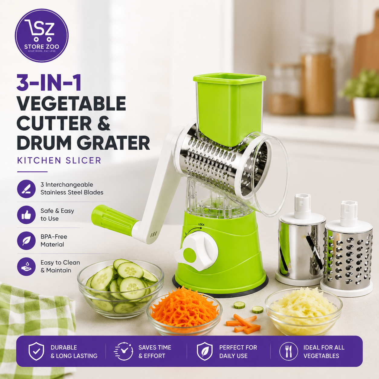 3-in-1 Vegetable Cutter & Drum Grater | Kitchen Slicer
