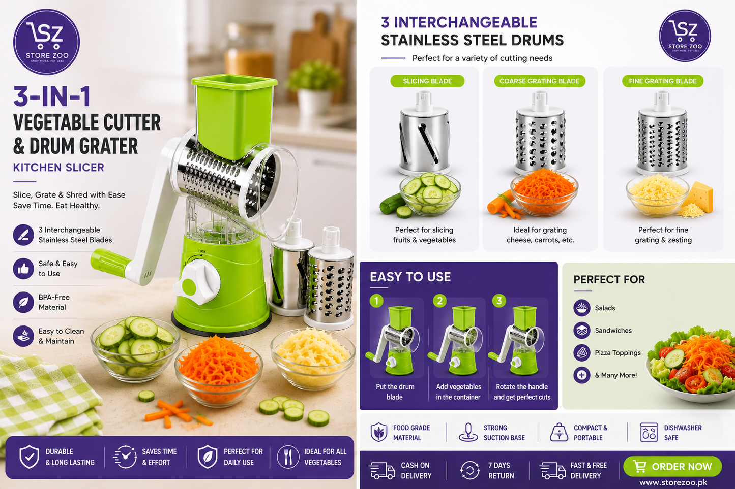 3-in-1 Vegetable Cutter & Drum Grater | Kitchen Slicer
